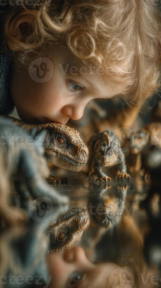Child examines dinosaur figures on a reflective surface during a playful indoor session at home photo