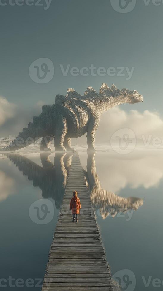 Large dragon sculpture towers over a reflective lake as a child approaches on a wooden pathway in a serene landscape photo