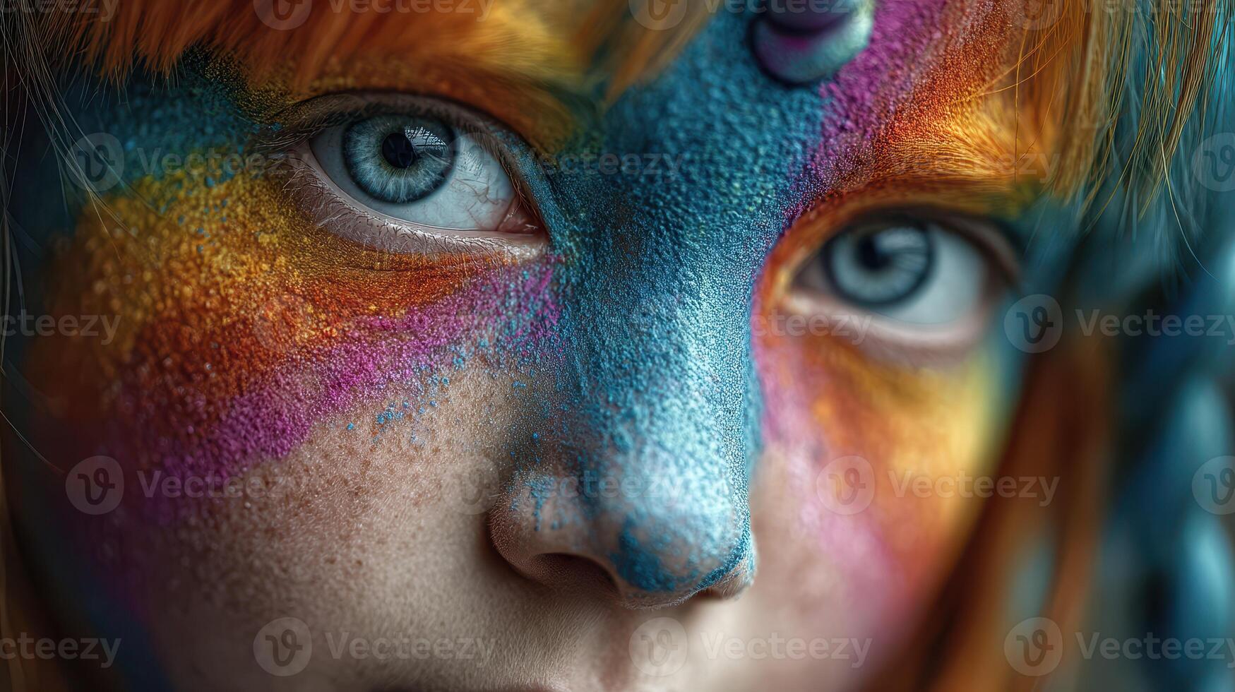 Child with colorful face paint showcasing artistic expression during a festival celebration in a vibrant outdoor setting photo