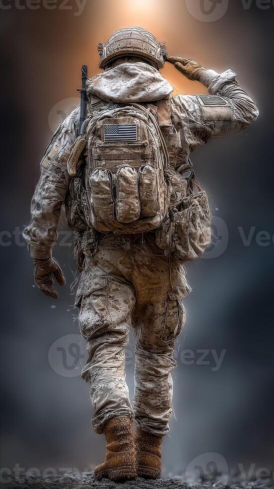 Soldier saluting during a military ceremony in a foggy outdoor setting at dawn photo