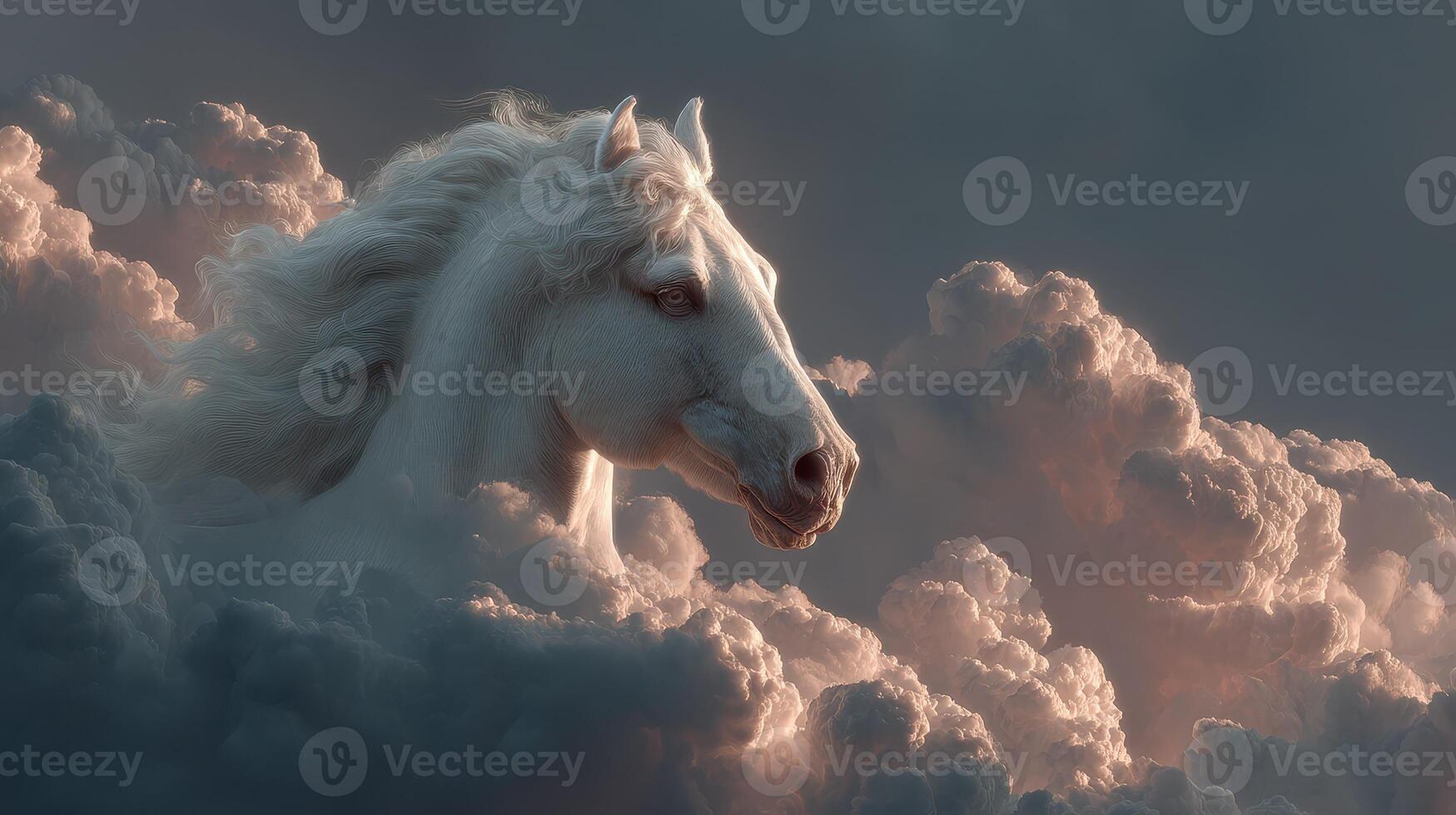 Majestic white horse emerges from clouds at twilight, capturing a dreamlike atmosphere photo