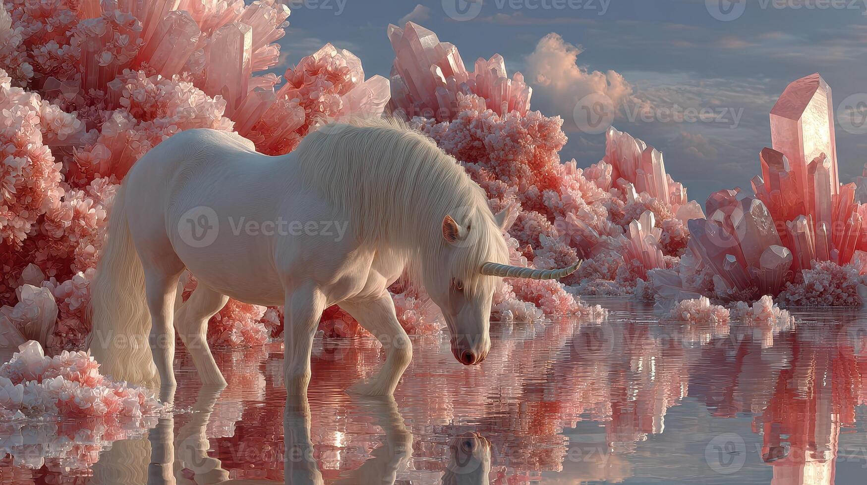 Majestic unicorn exploring a serene crystal lake under a colorful sky at sunset photo
