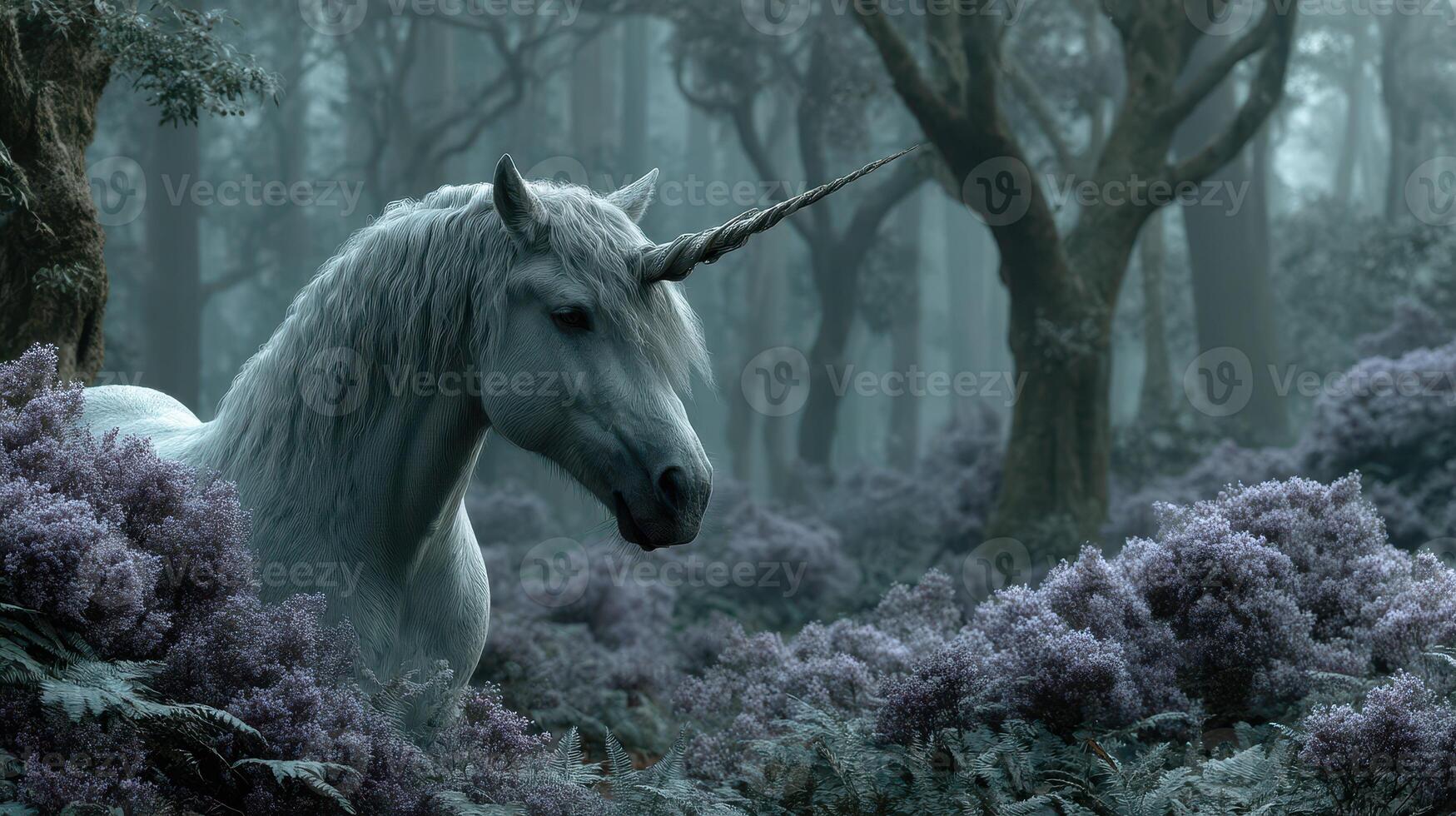 Majestic white unicorn stands in a mystical forest surrounded by fog and purple flora at dusk photo
