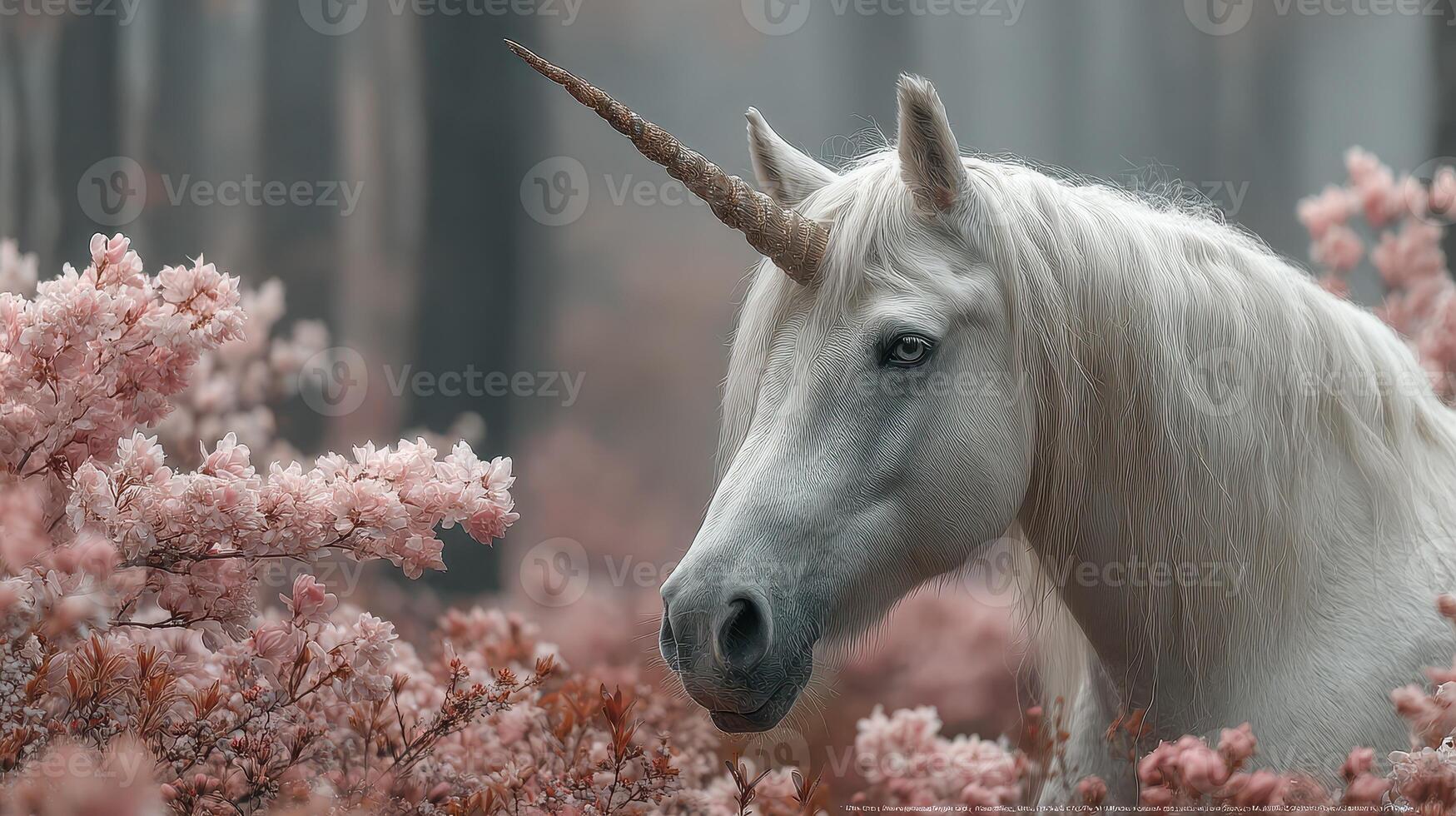 Majestic unicorn standing in a landscape filled with pink blossoms during the misty morning hours in a serene forest photo