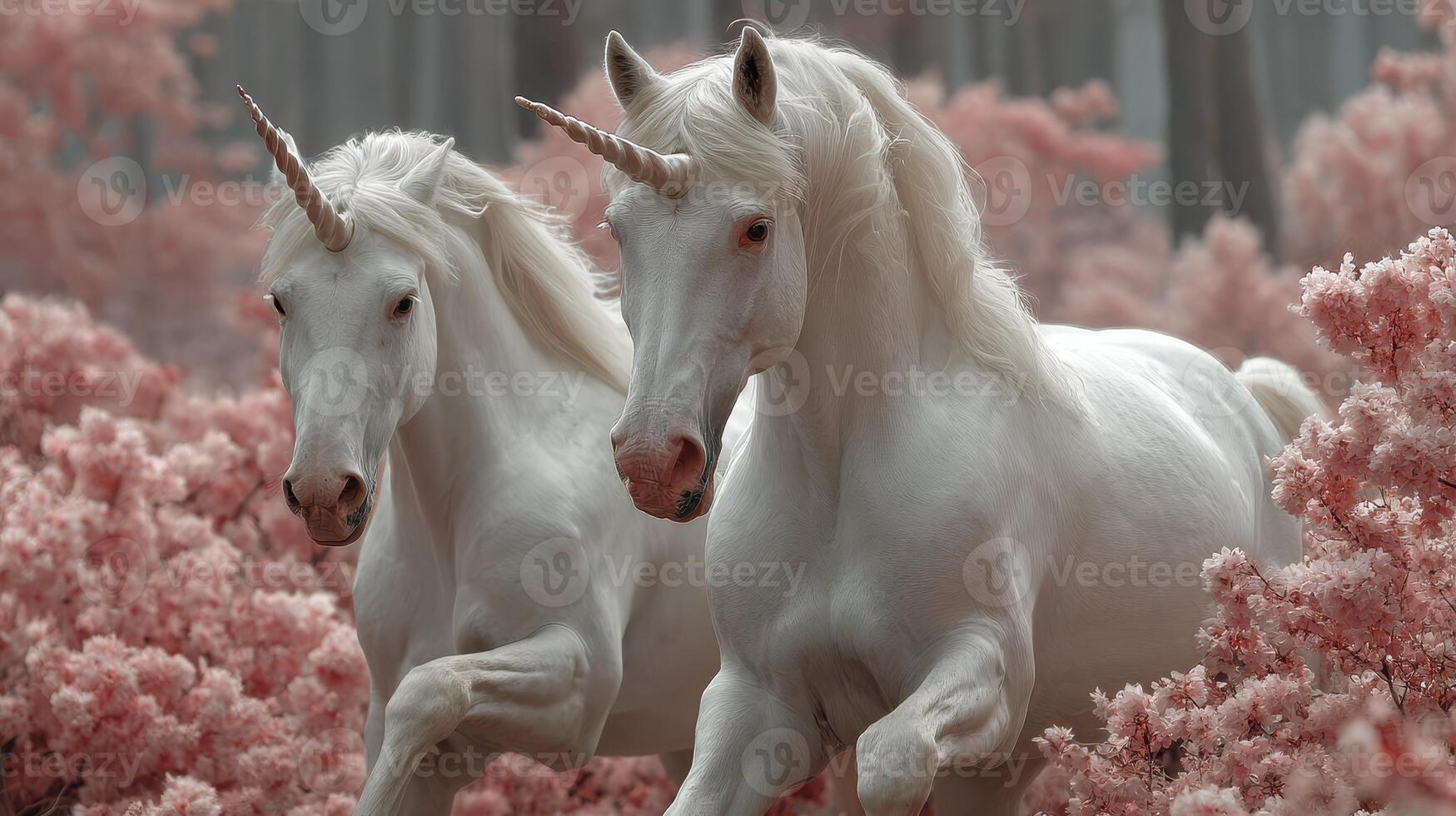 Two unicorns wander through a magical pink forest filled with blooming flowers in early spring photo