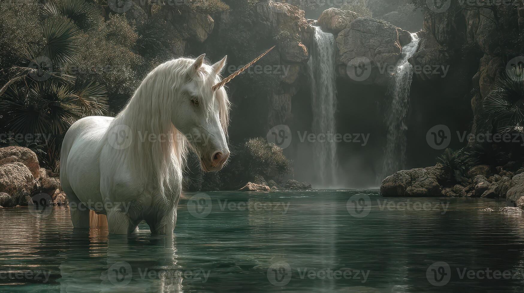 Majestic unicorn stands in serene water near a picturesque waterfall in a tranquil forest setting during late afternoon photo