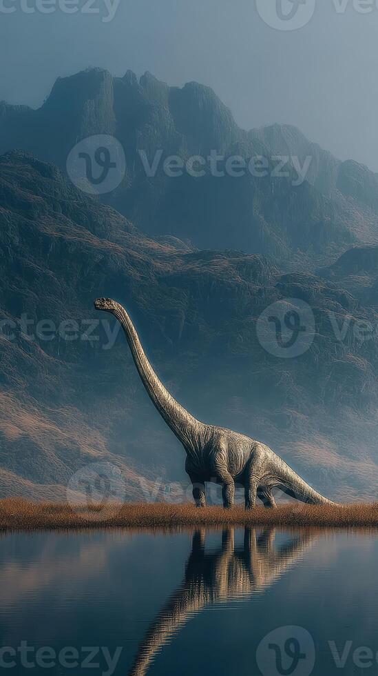 Large dinosaur stands by lakeshore with mountains in the background during early morning fog photo