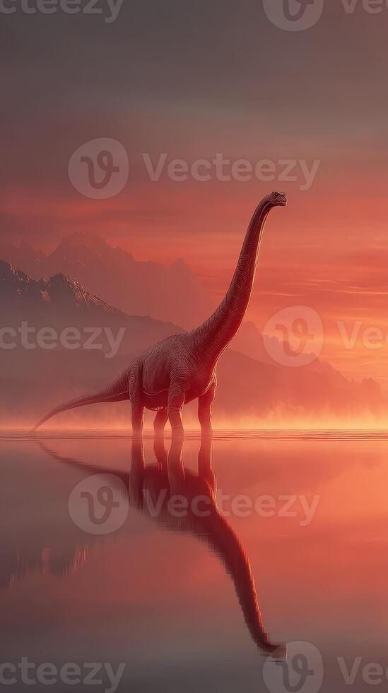 Brachiosaurus standing in shallow water at sunset in a misty prehistoric landscape photo