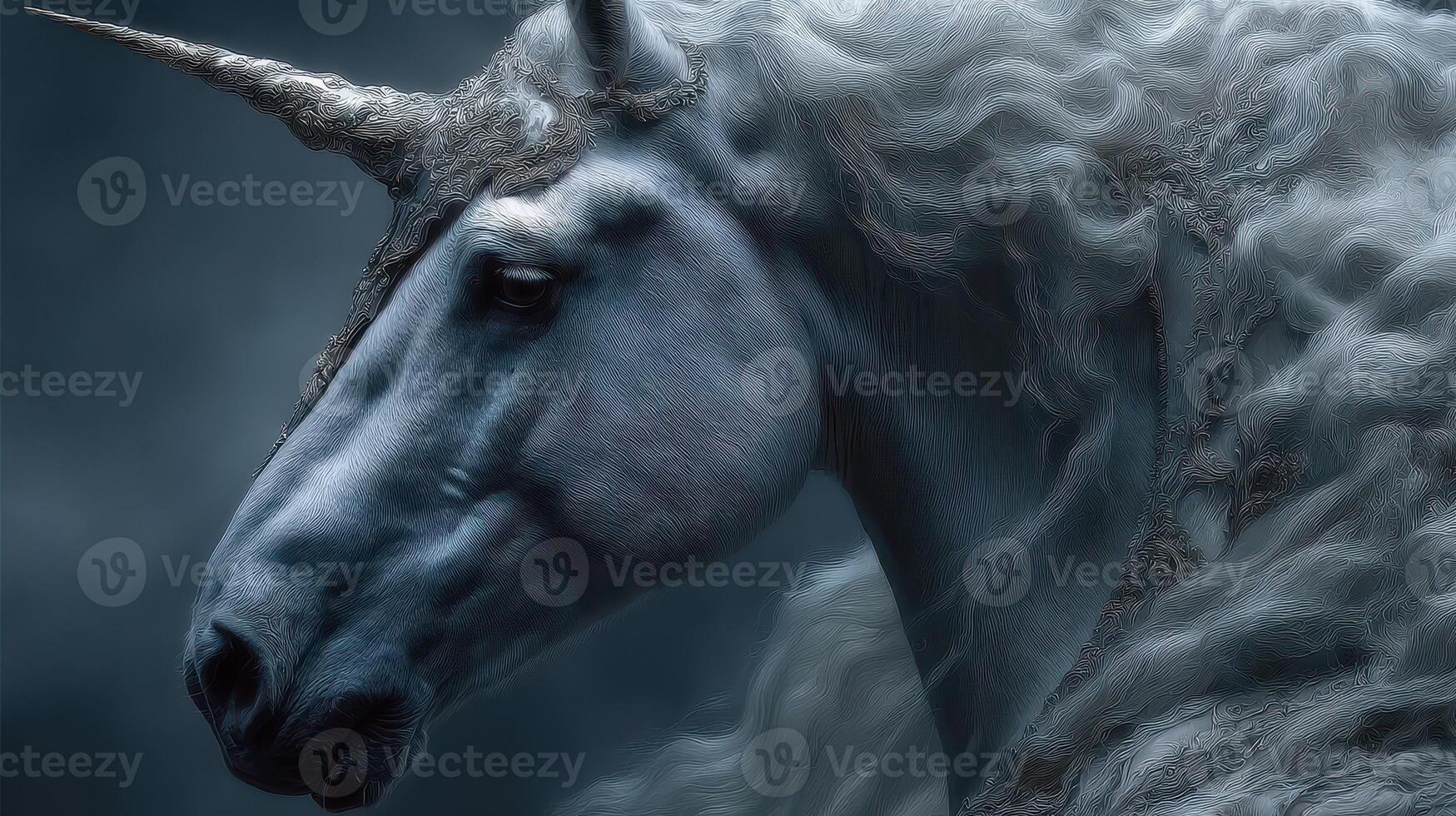 Mystical unicorn surrounded by ethereal clouds in a dark, enchanted forest during twilight photo