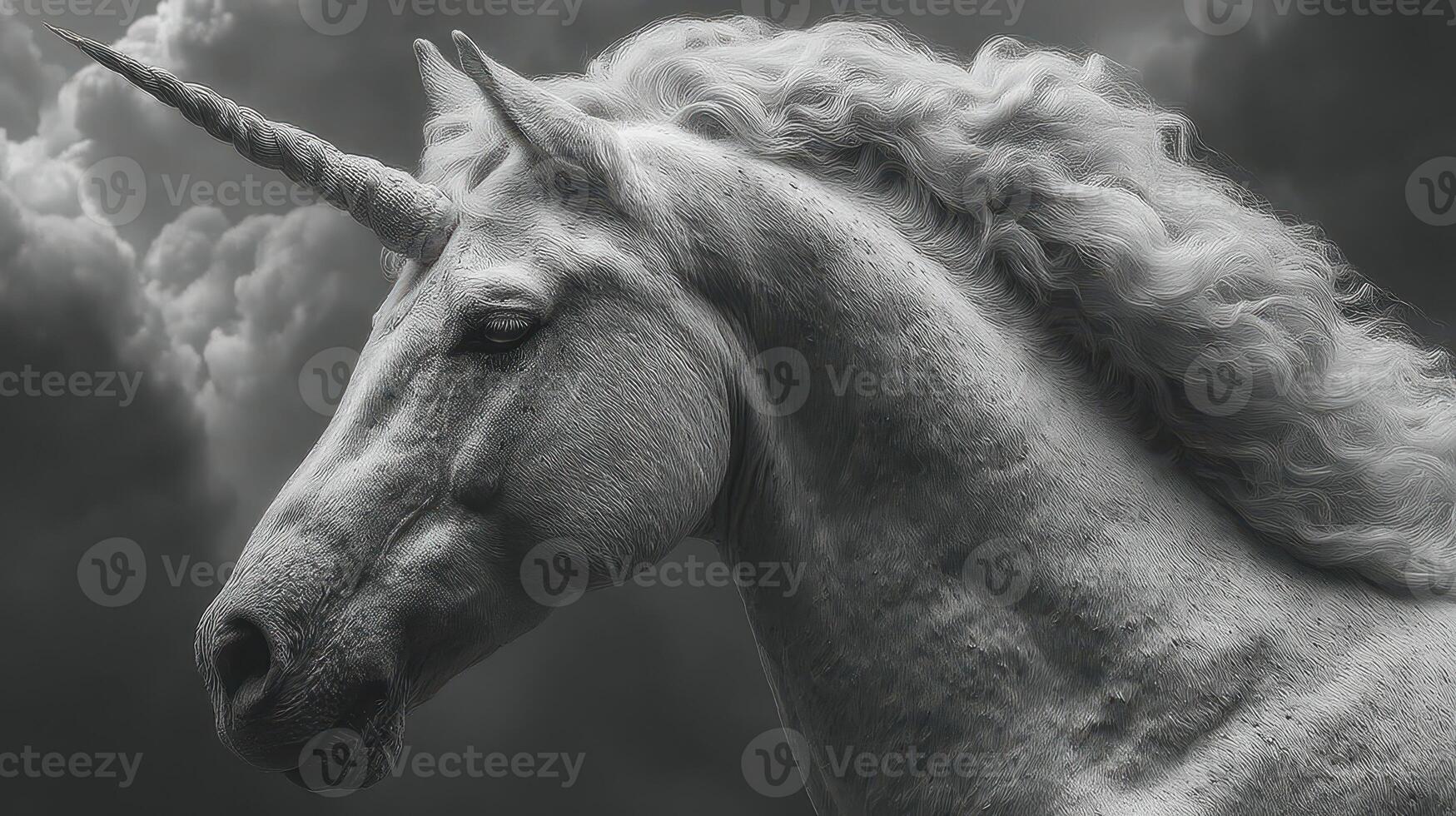 Majestic unicorn with flowing mane in a dramatic black and white landscape photo