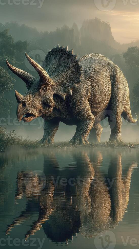 Triceratops stands near a calm lake at sunrise with mist rising in the background photo