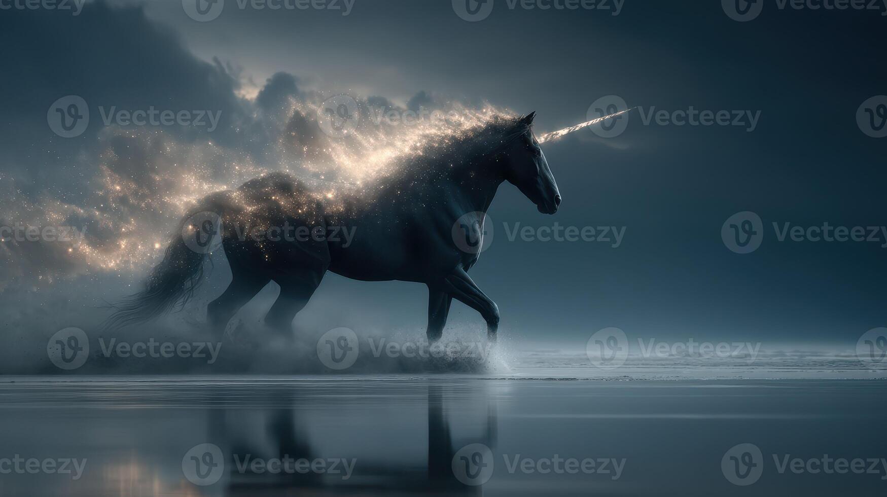 Majestic unicorn galloping through a mystical misty landscape at dusk photo