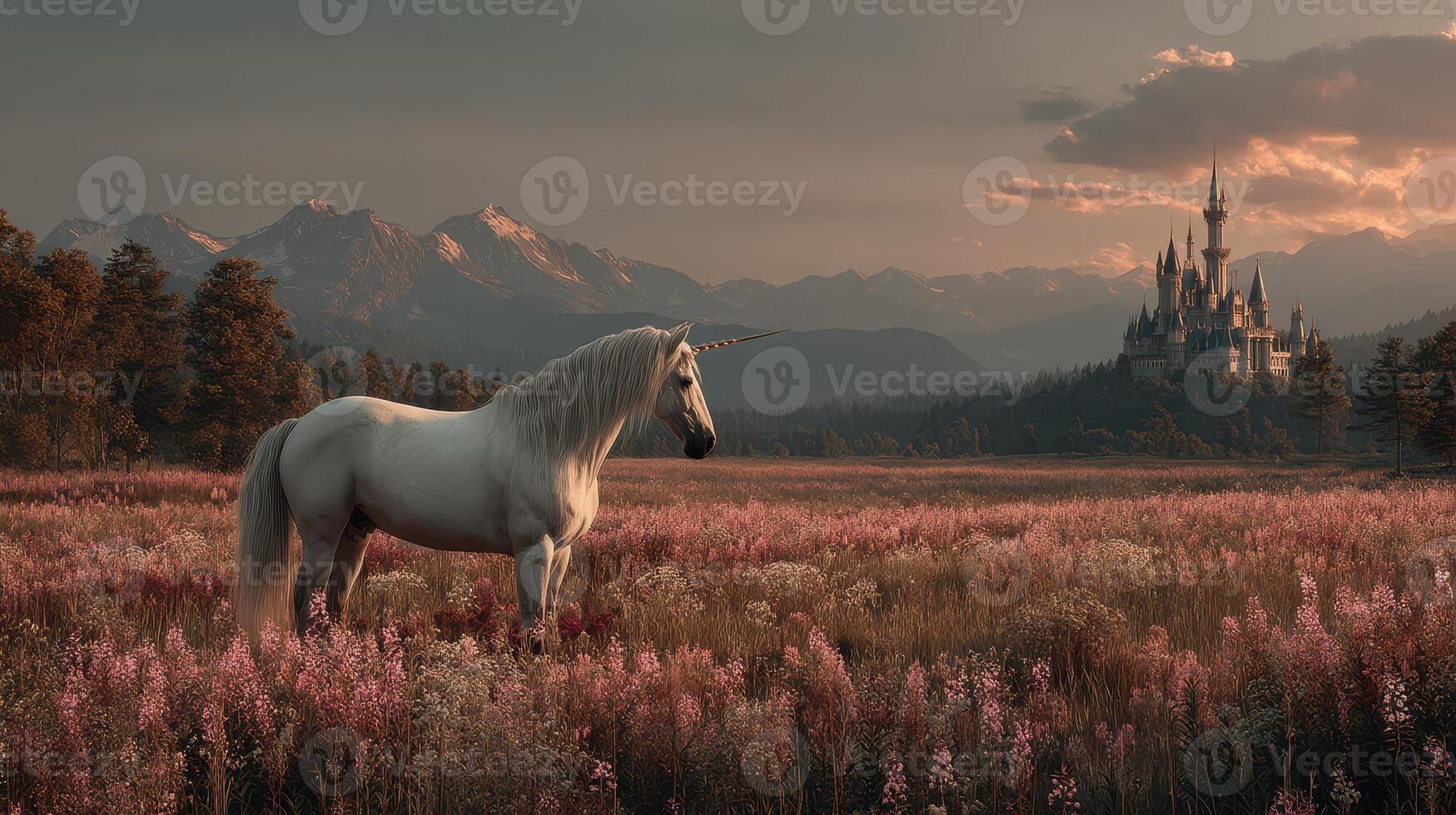 Enchanted unicorn standing in a blooming meadow with mountains and castle at sunset photo