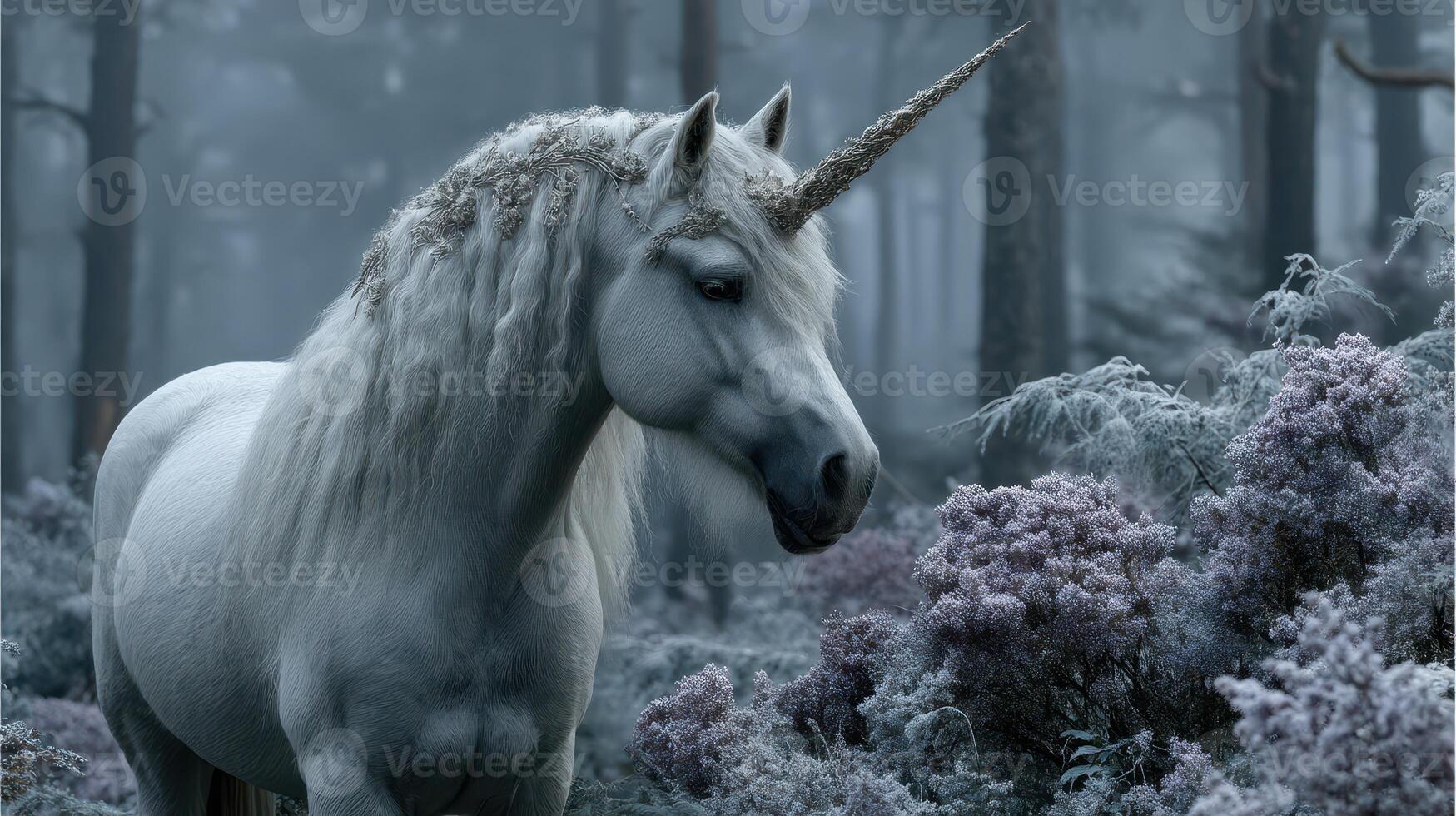Majestic unicorn standing in a misty forest surrounded by frost-covered vegetation at dawn photo