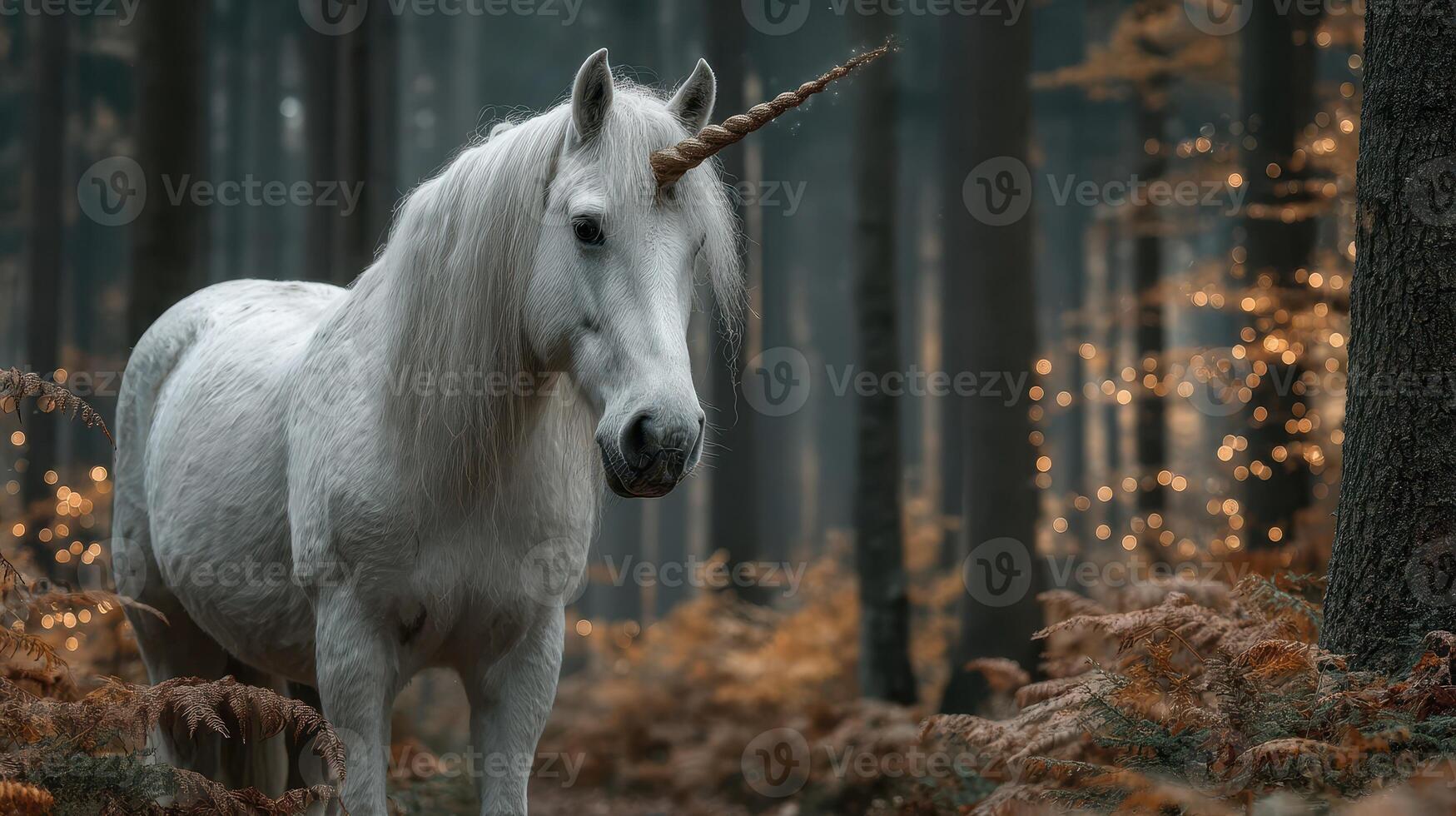 Majestic unicorn standing gracefully in a mystical forest during twilight with soft golden lights illuminating the surroundings photo