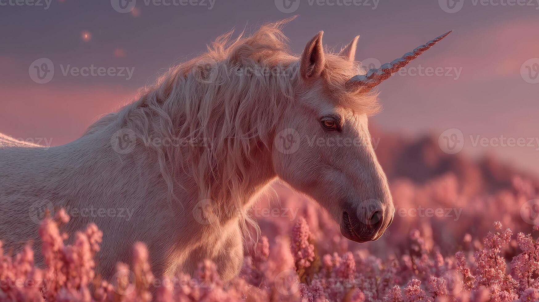 Unicorn standing gracefully in a field of pink flowers under a vibrant sunset sky photo