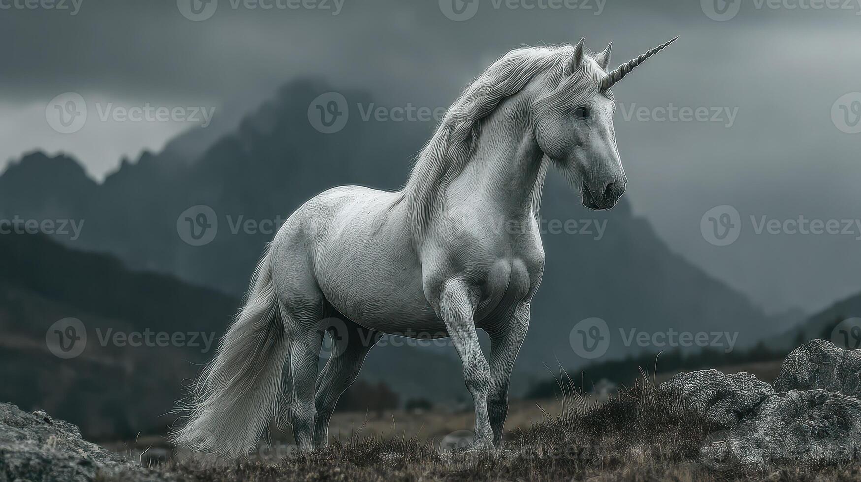 Majestic unicorn standing on rocky terrain with dark mountains in the background during an overcast day photo