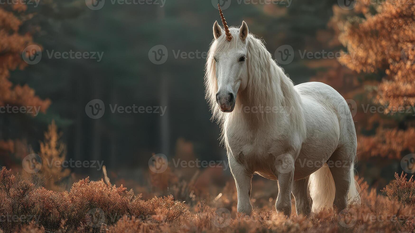 Majestic unicorn standing in a serene forest during autumn, surrounded by golden foliage and soft sunlight photo