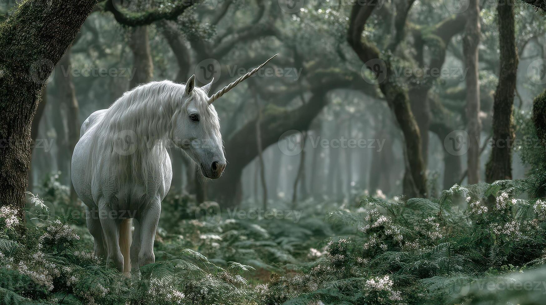 Majestic unicorn in a mystical forest surrounded by ferns and ancient trees during twilight photo
