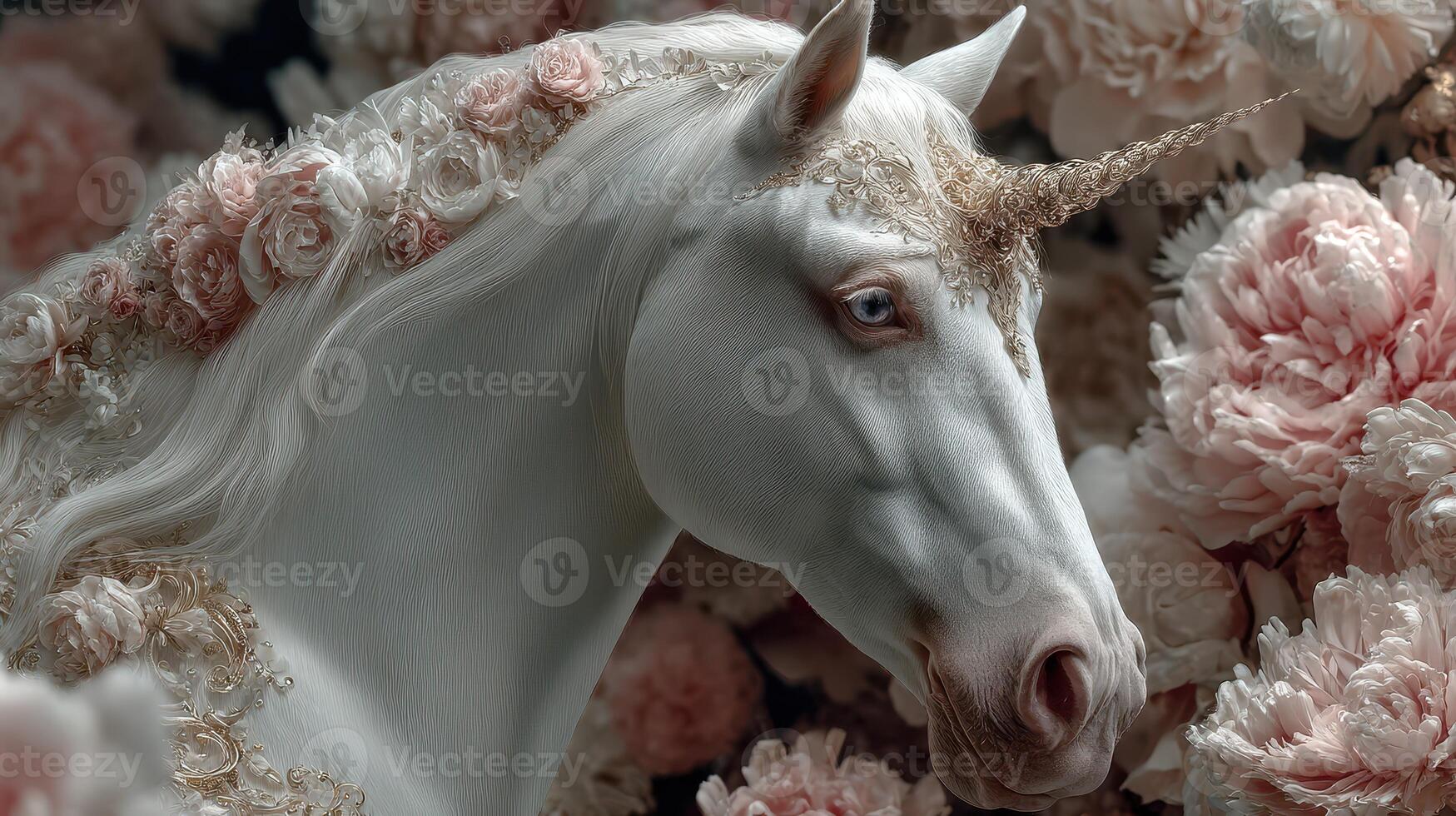 Elegant white unicorn adorned with flowers in a dreamy floral setting during daylight photo