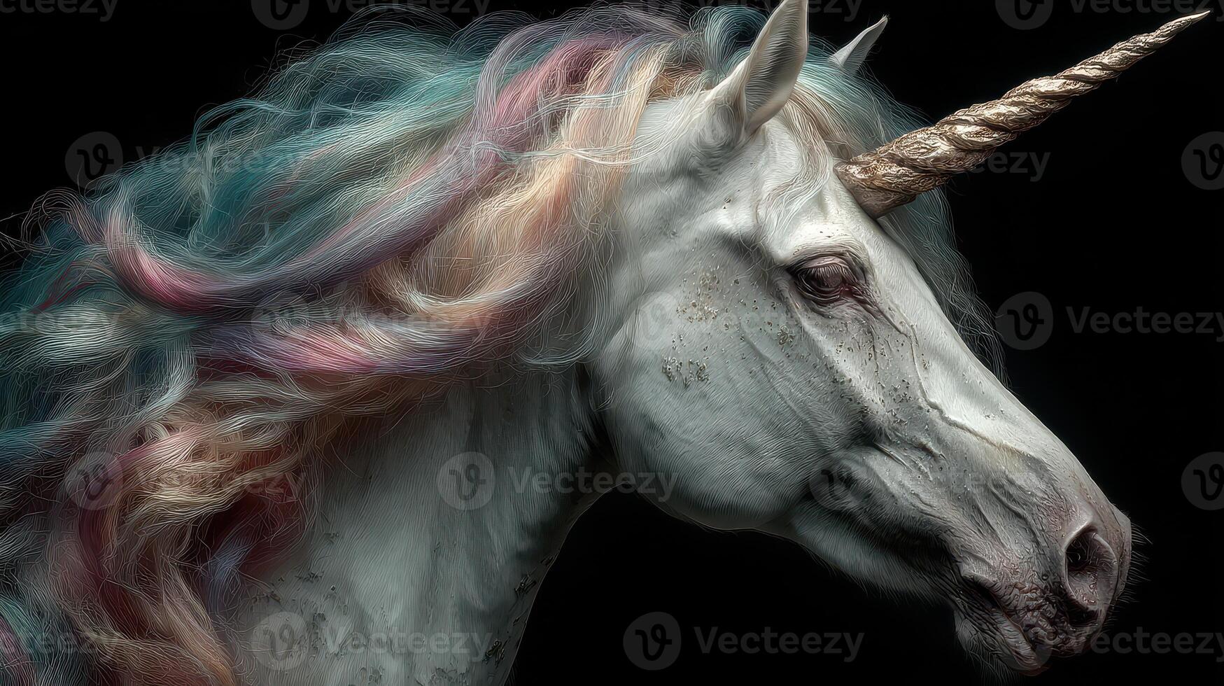 Magical unicorn with colorful mane and shiny horn against a dark backdrop showcasing its enchanting features photo
