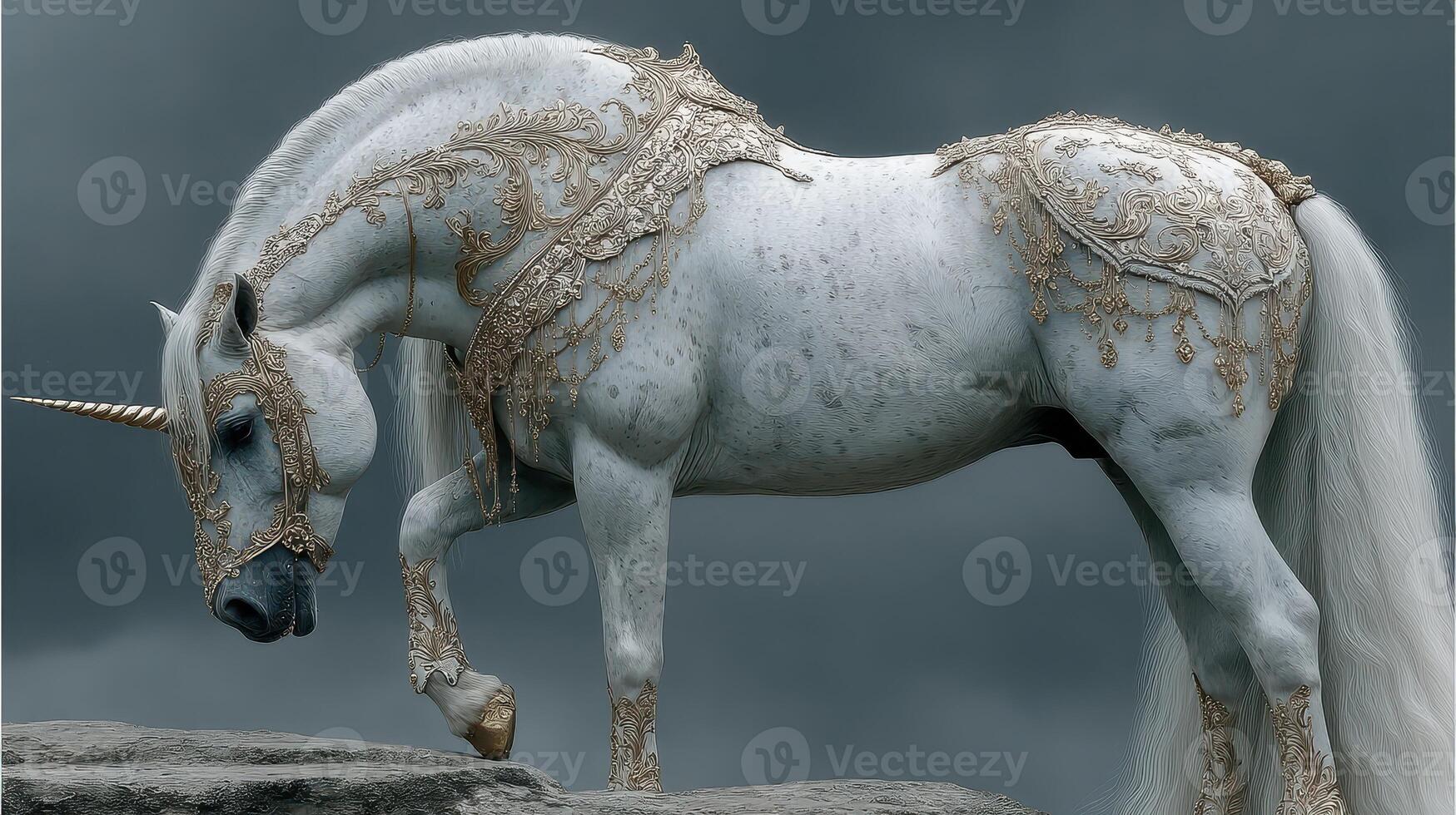 Majestic unicorn adorned in ornate silver armor standing gracefully on a rocky terrain under a dramatic overcast sky photo