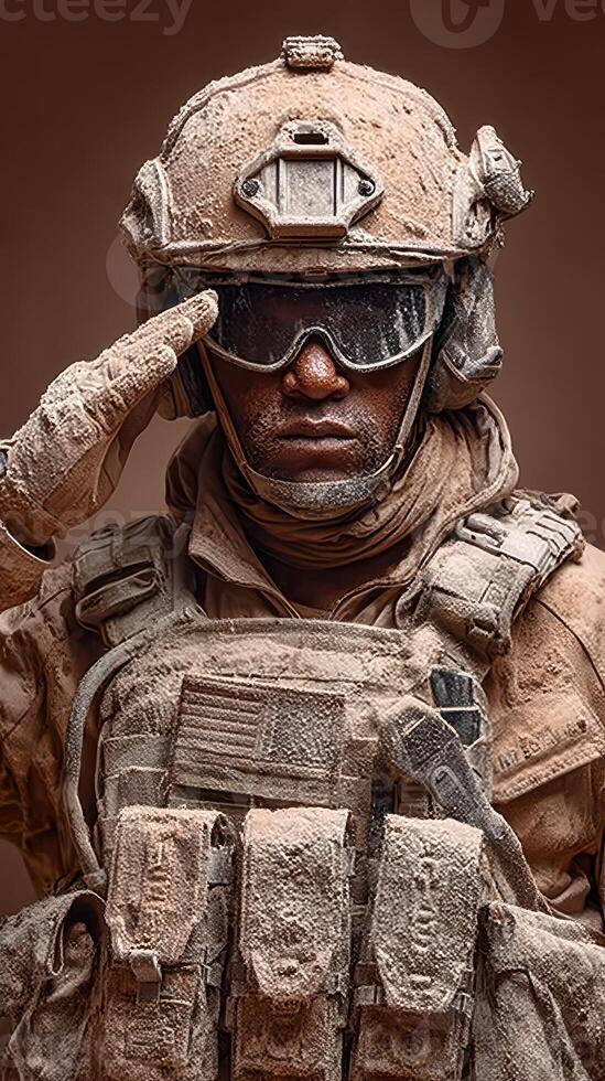Soldier in dusty gear saluting with determination during a challenging mission in an arid environment photo