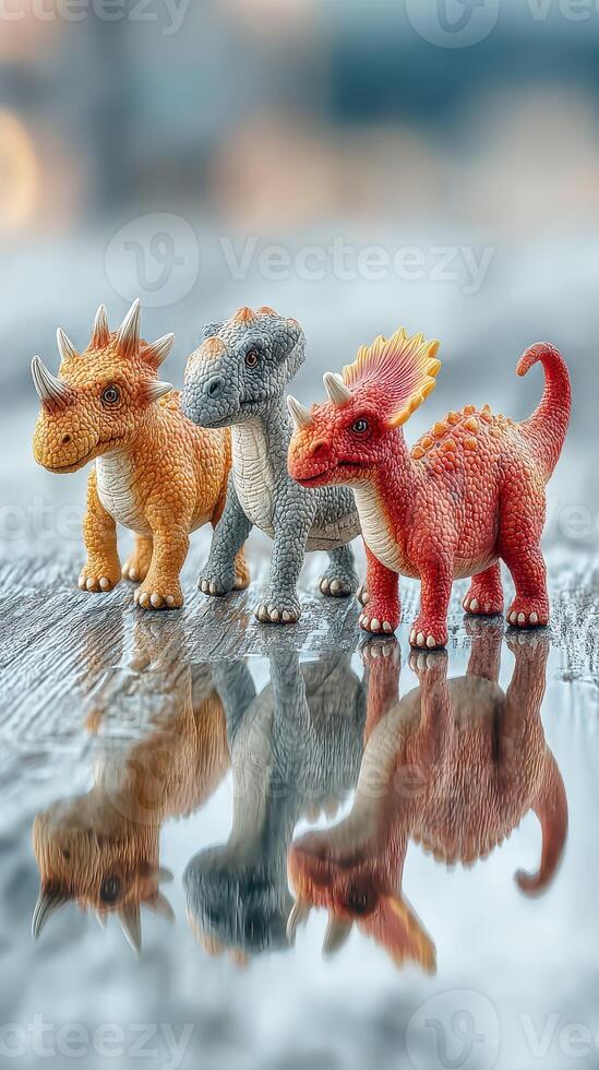 Colorful dinosaur toys arranged on a reflective surface during bright daylight outdoors photo