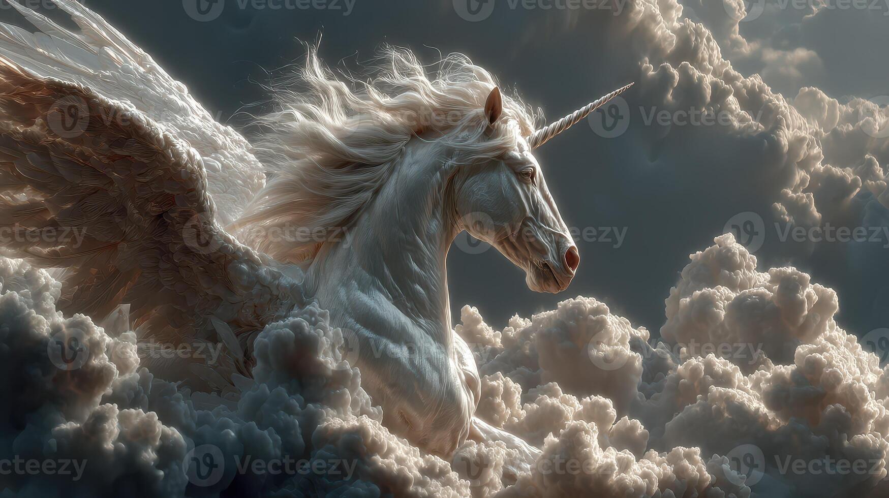 Majestic winged unicorn soaring through clouds under dramatic sky at dawn photo