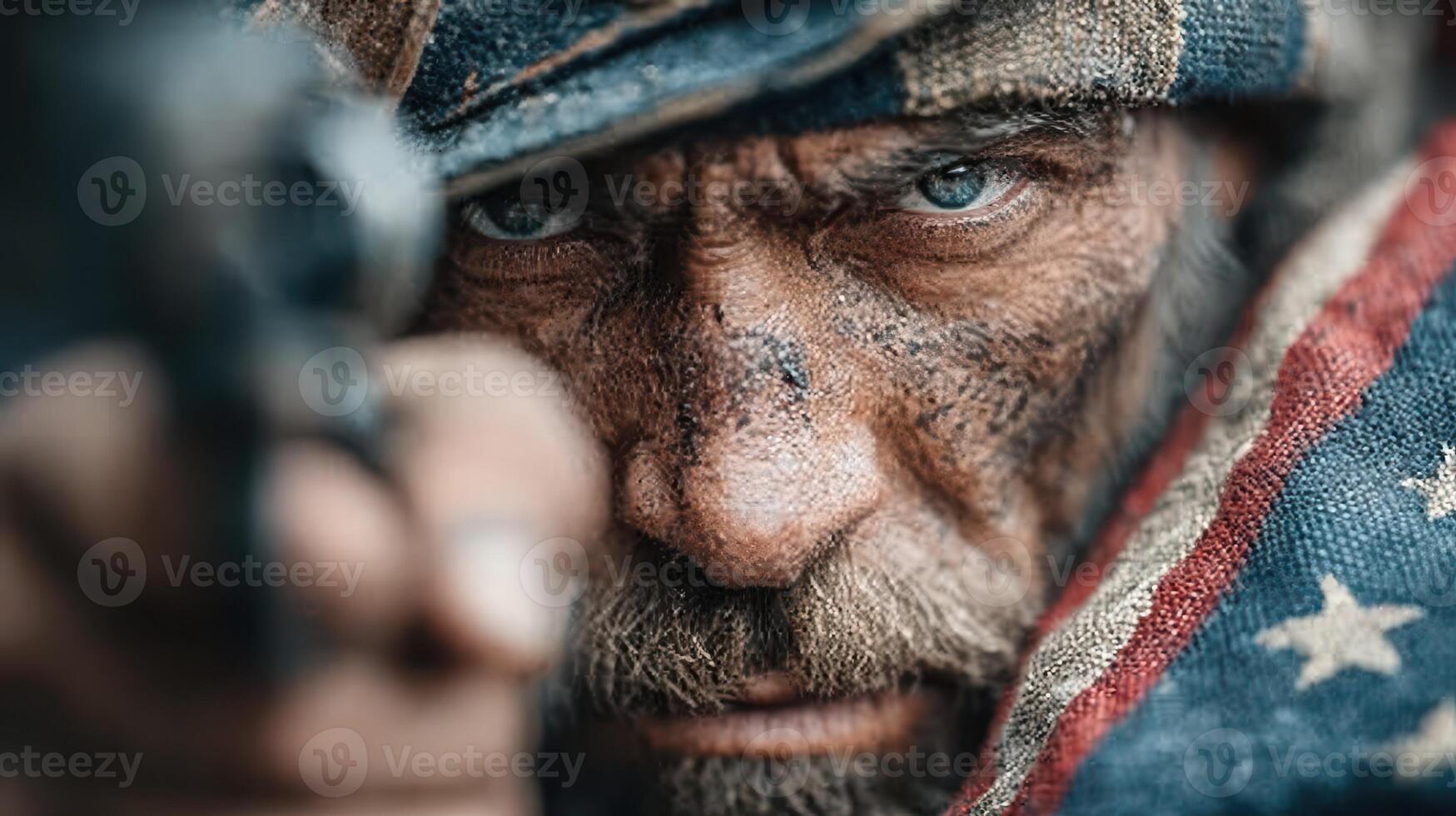 Civil War soldier aiming a firearm with determination on a battle-scarred face during a dramatic encounter photo