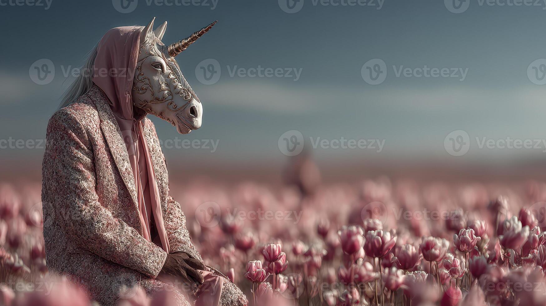 Unique figure in unicorn mask sits among blooming tulips in serene landscape during golden hour photo