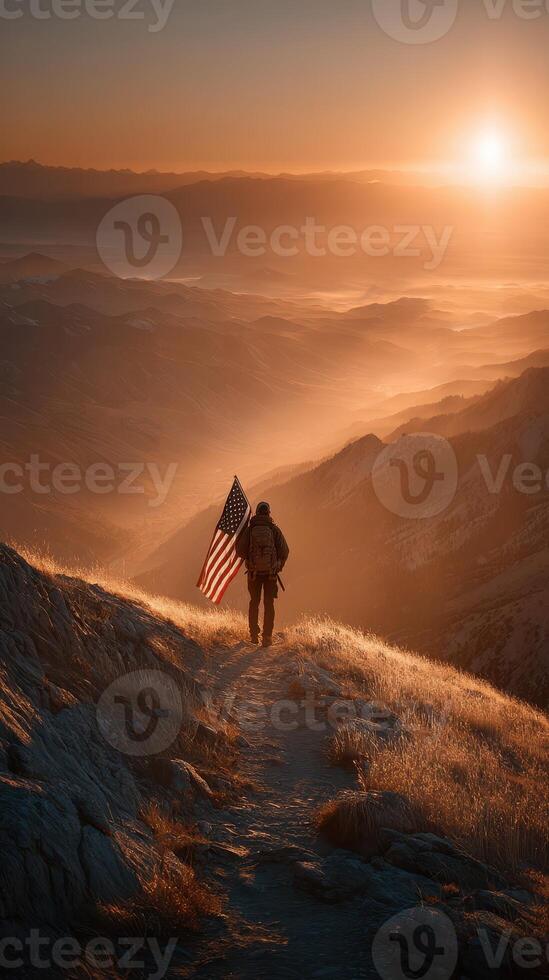 Sunset view from a mountain trail with a soldier holding a flag against a breathtaking landscape in the background photo