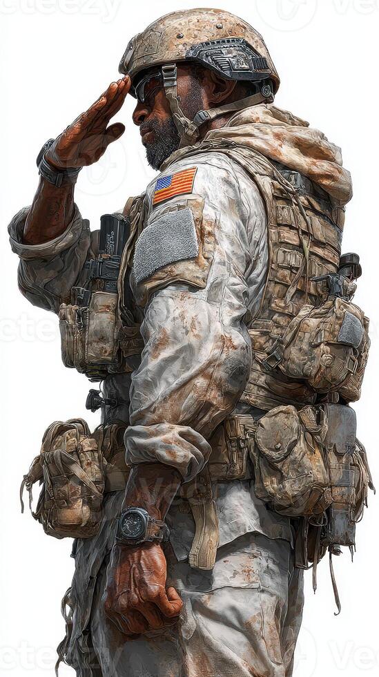 Soldier in tactical gear saluting during military operation in a rugged environment on a clear day photo