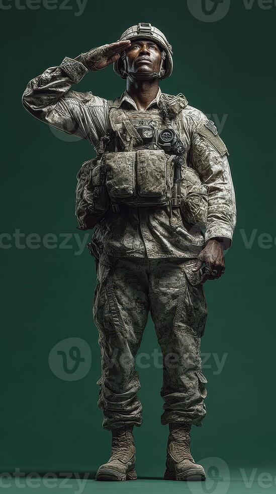 Soldier in camouflage uniform saluting with pride against a green backdrop during military training photo