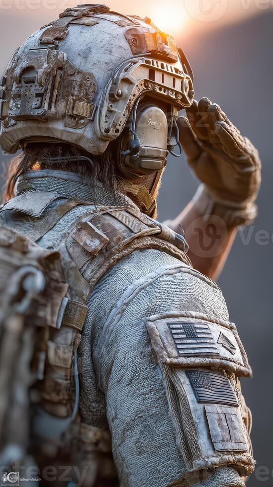 Military soldier saluting at sunset in rugged terrain with detailed tactical gear and a worn flag patch photo