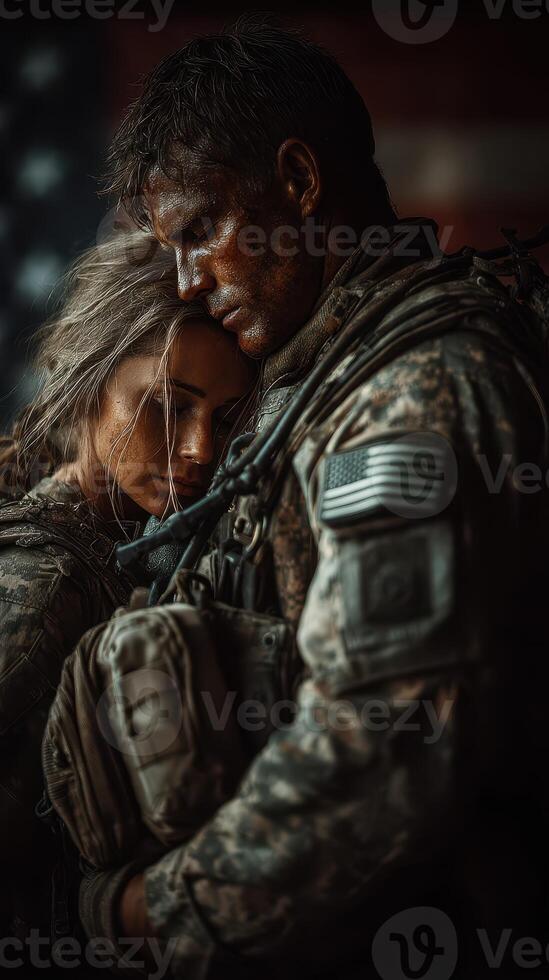 Embracing reunion of a soldier and loved one after deployment at a military base during the evening photo