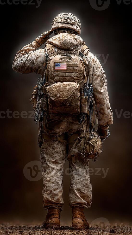 Soldier in camouflage uniform salutes with pride in a somber environment during military training or deployment photo
