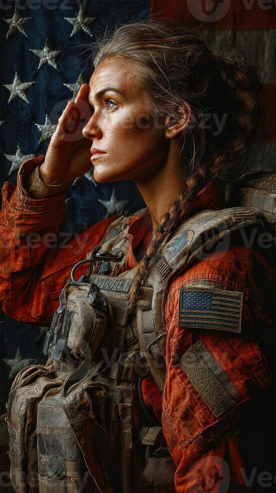 Saluting in front of the American flag during a military tribute event at dusk photo