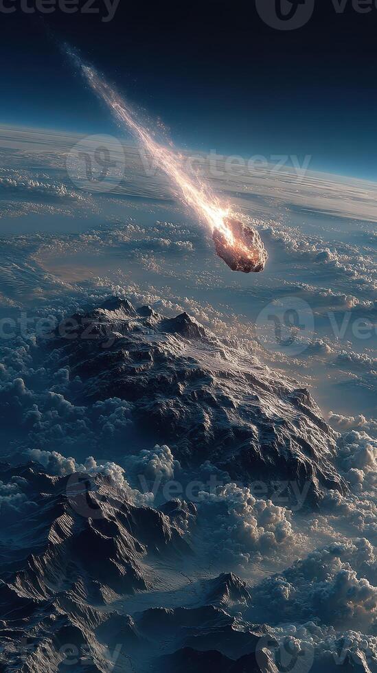 Meteor streaks through the atmosphere above rugged mountain range at twilight photo