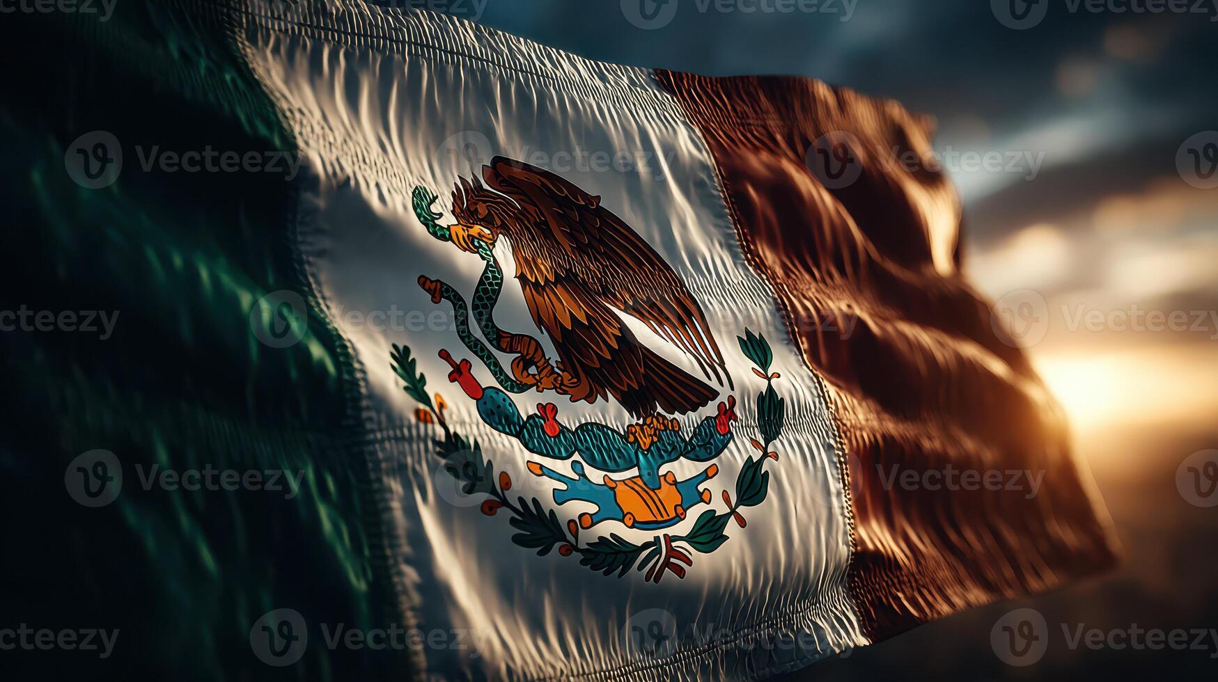 Mexican flag waving in the wind during sunset at a scenic location highlighting national pride photo