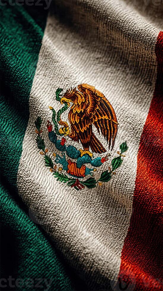 Details of the Mexican flag showcasing the eagle and serpent emblem embroidered on fabric photo