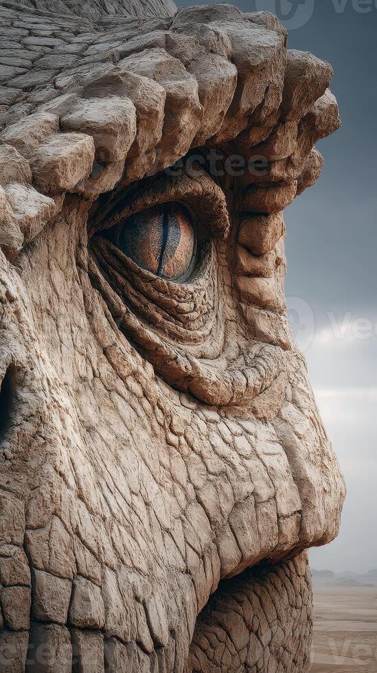 Intricate textured close-up of a dragon's eye showcasing artistry and detail in a fantasy desert setting photo