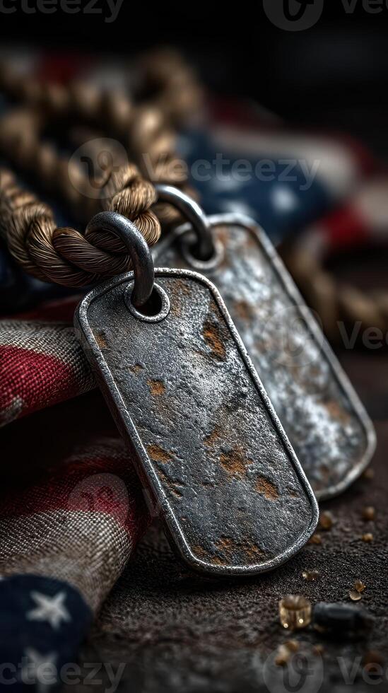 Worn military dog tags resting on a vintage American flag display on a rustic surface photo