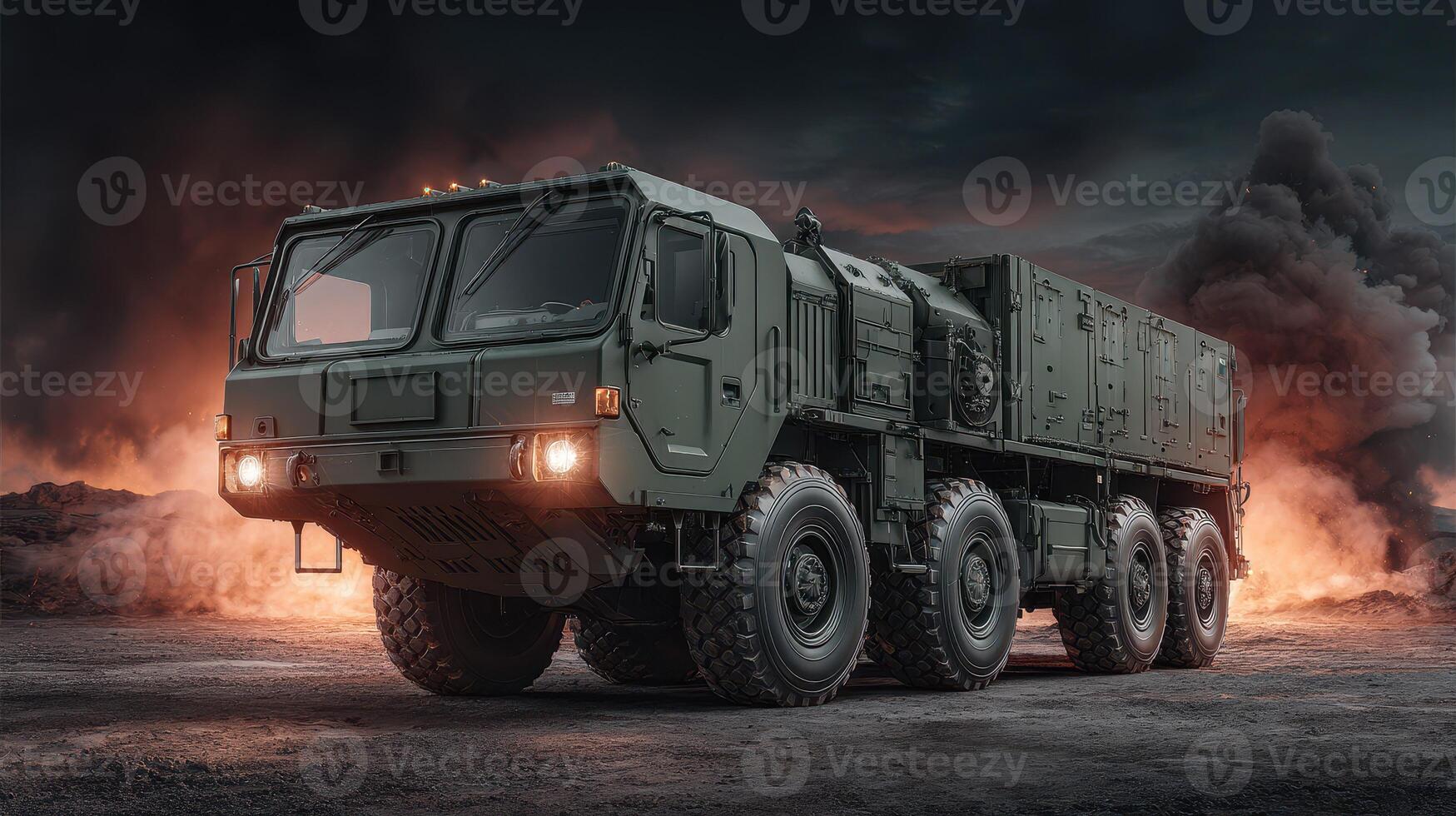 Military vehicle is parked on a battlefield with smoke and fire in the background during twilight hours photo