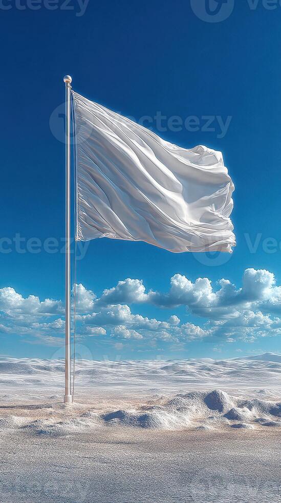 White flag waving in a vast desert landscape under a blue sky with fluffy clouds during daylight hours photo