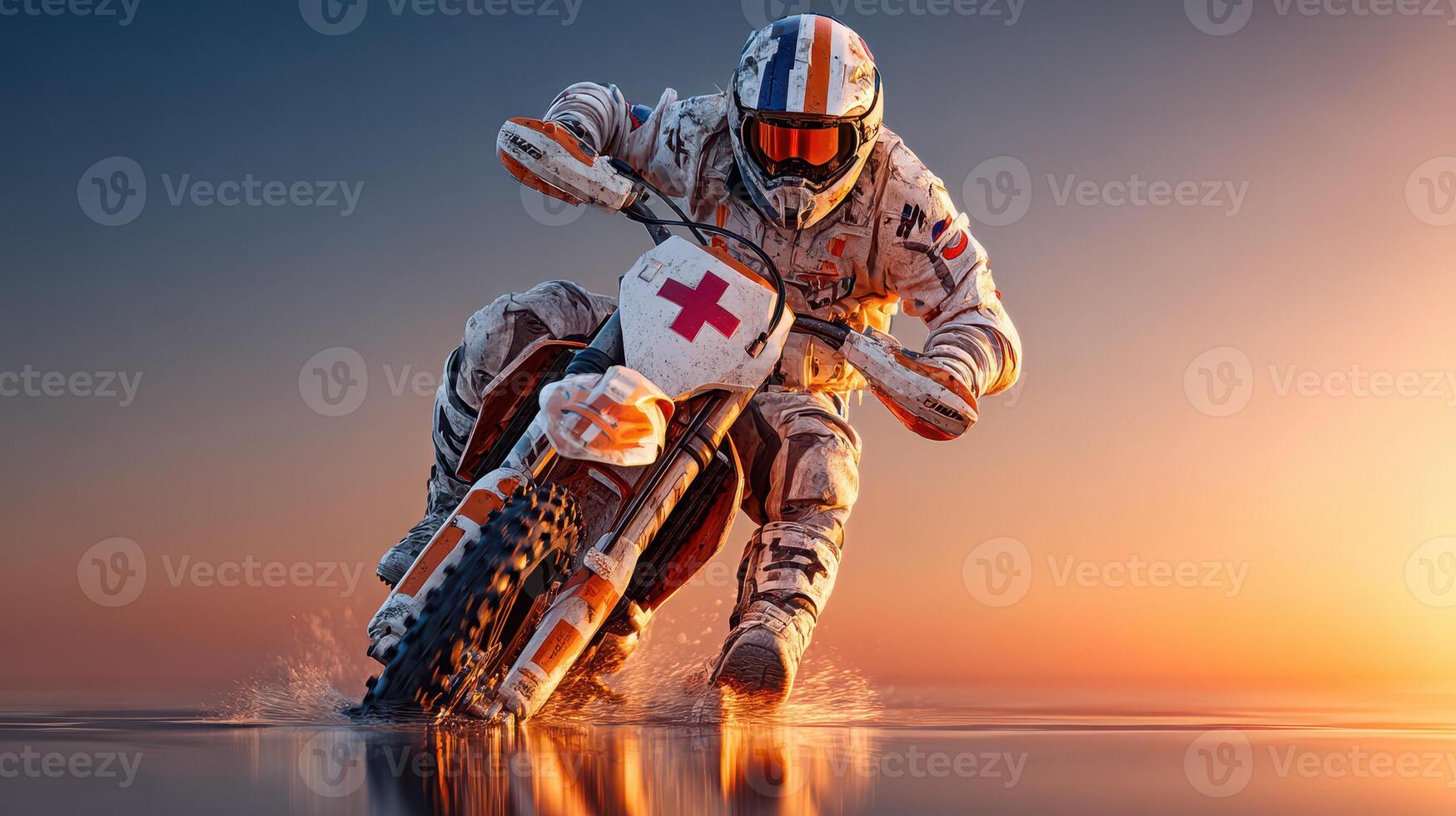 Motorbike rider in action during sunset on a reflective surface with dramatic splashes of water photo