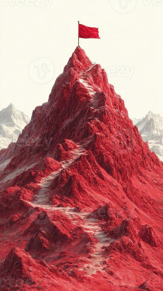 Red mountain with a flag on top and winding path against a soft landscape backdrop photo