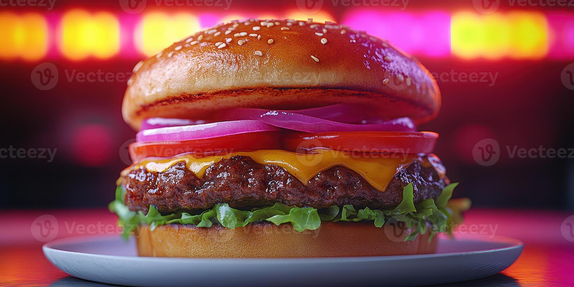 Juicy cheeseburger with fresh ingredients and sesame seed bun presented on a plate under colorful lights photo