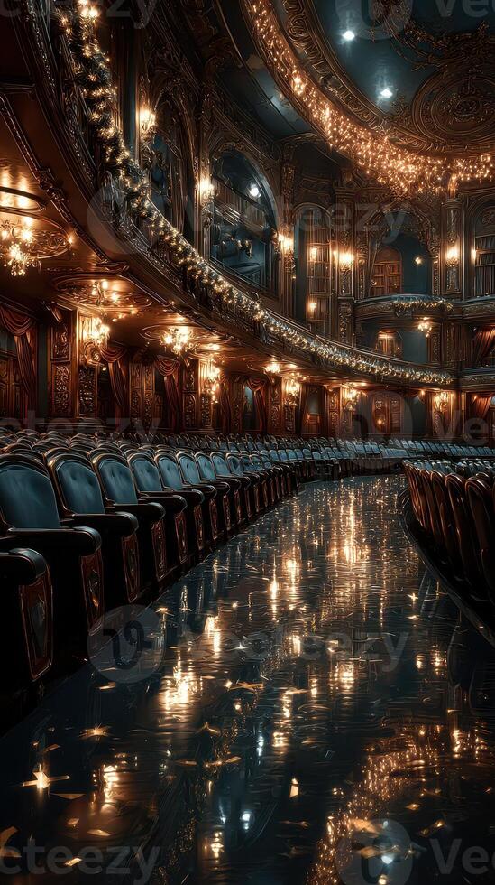 Elegant theater interior with ornate lighting and reflections on polished floor at an evening performance photo
