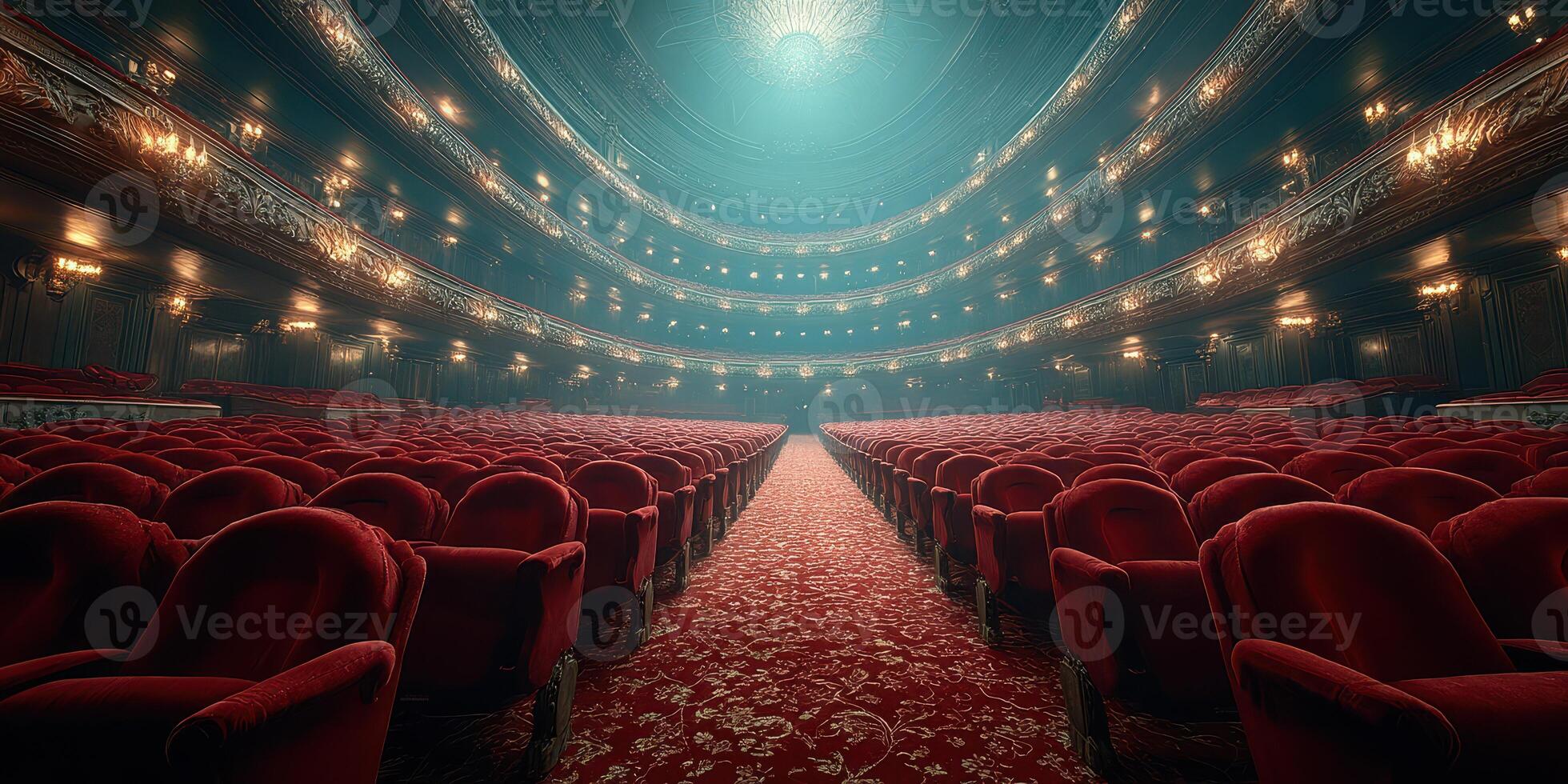 Luxurious interior of an empty theater with red seats and dramatic lighting at dusk photo